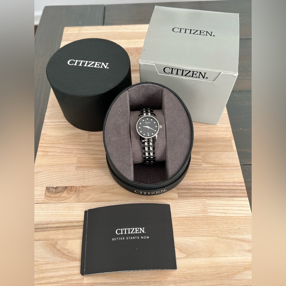 Citizen Ladies Watch Crystal Dial Markers Black & Stainless Band Quartz Date Wnd - Picture 8 of 16